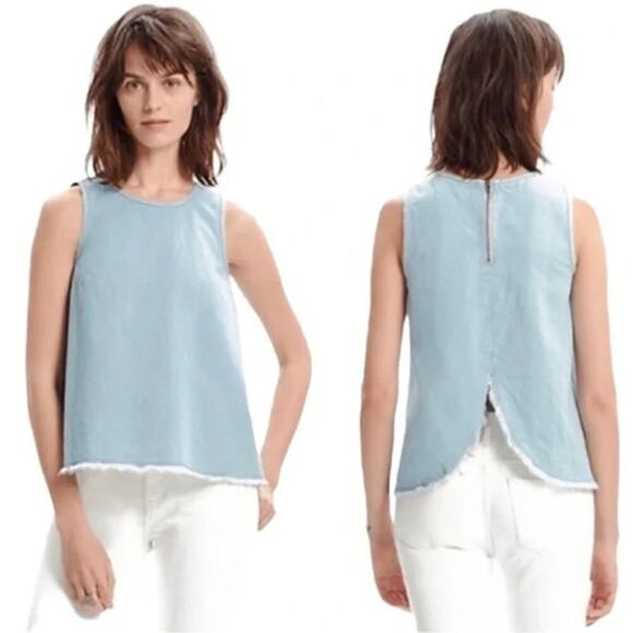 Madewell Split Back Denim Raw Hem Tank Top Light Blue Short Sleeve Size Small - Picture 2 of 8